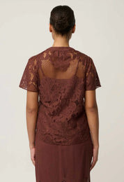 Oncewas Solene Cotton Blend Lace Short Sleeve Top in Rosewood