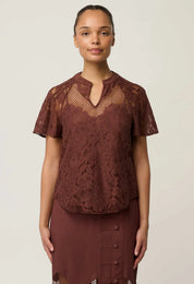 Oncewas Solene Cotton Blend Lace Short Sleeve Top in Rosewood
