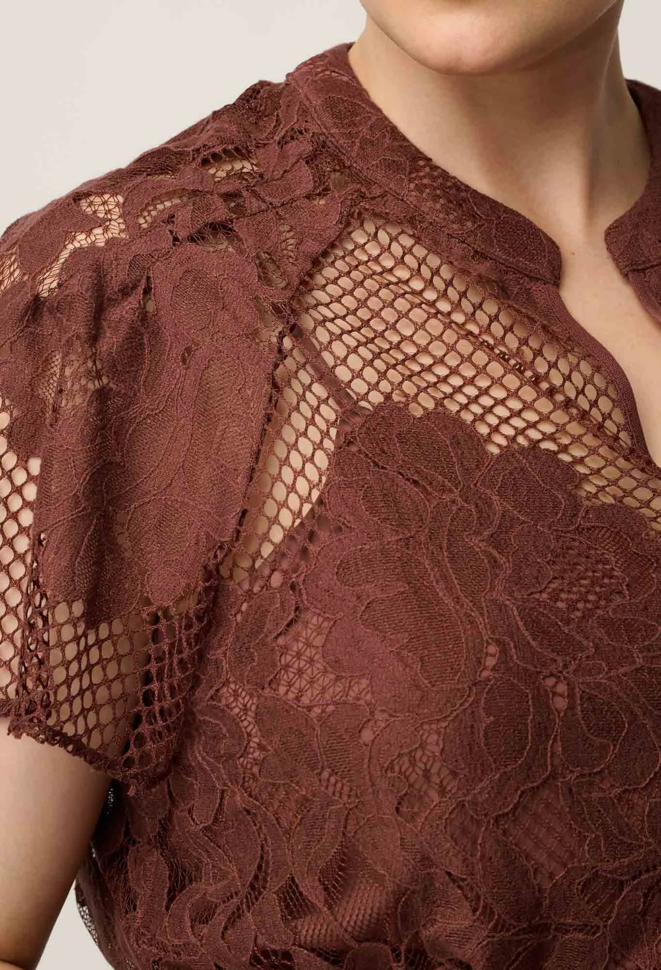 Oncewas Solene Cotton Blend Lace Short Sleeve Top in Rosewood