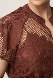 Oncewas Solene Cotton Blend Lace Short Sleeve Top in Rosewood