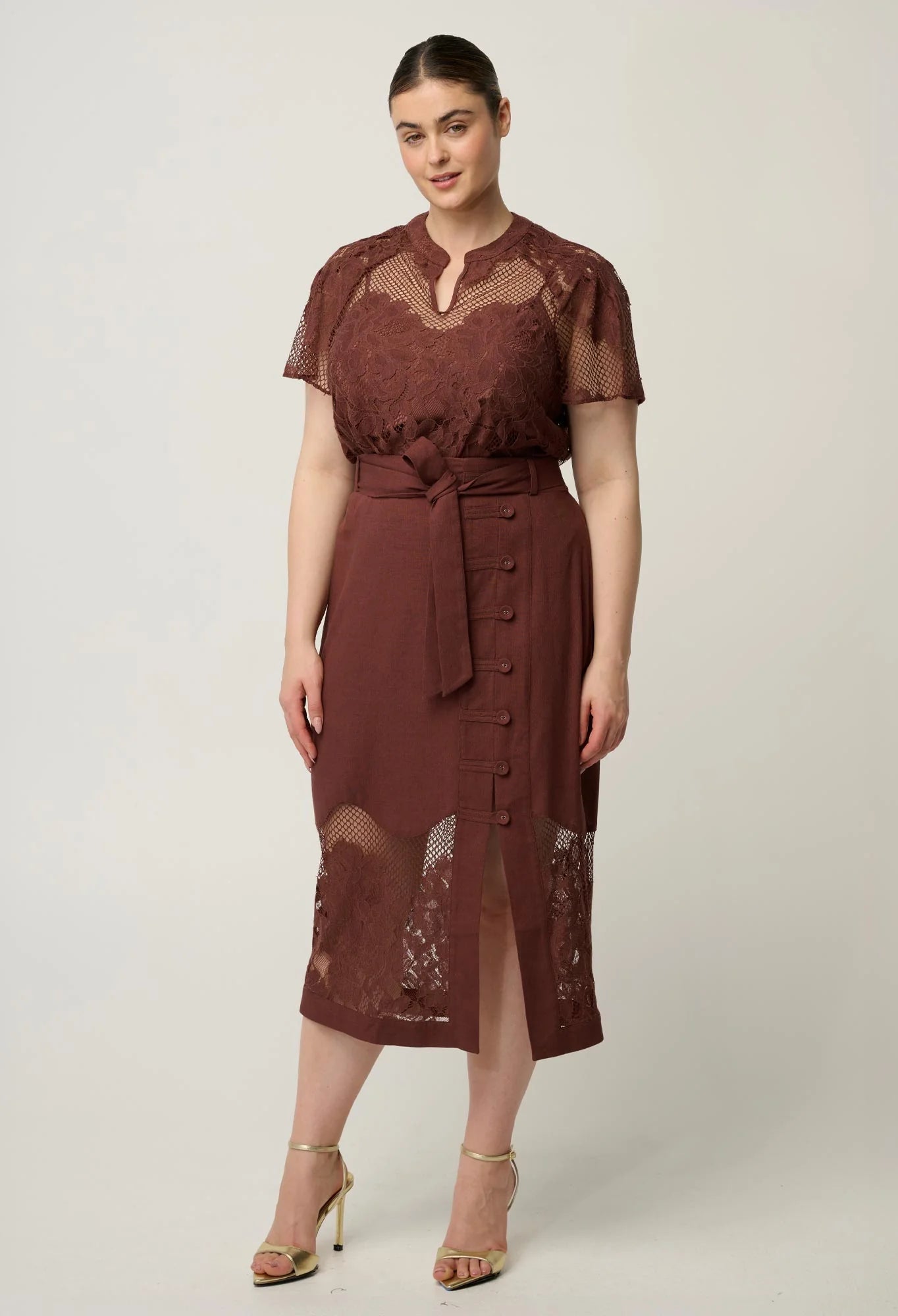 Oncewas Solene Cotton Blend Lace Short Sleeve Top in Rosewood