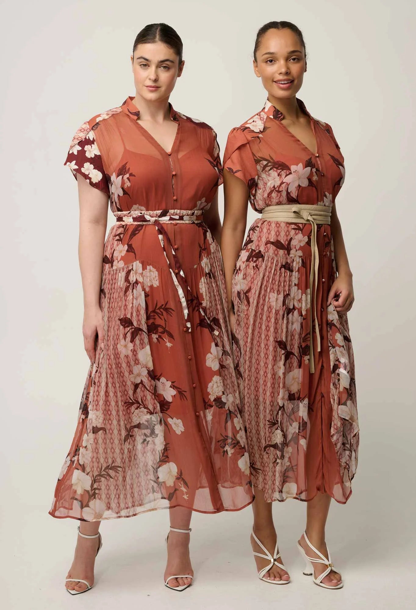 Oncewas Perla Sheer Viscose Print Dress in Amber Vine