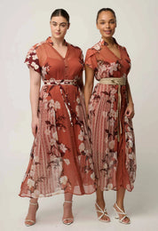 Oncewas Perla Sheer Viscose Print Dress in Amber Vine