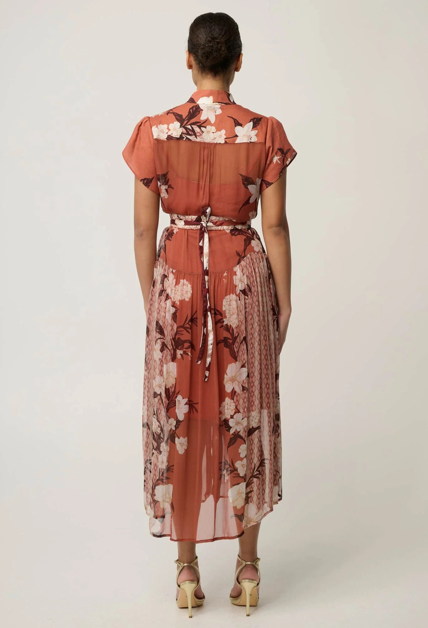 Oncewas Perla Sheer Viscose Print Dress in Amber Vine