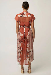 Oncewas Perla Sheer Viscose Print Dress in Amber Vine
