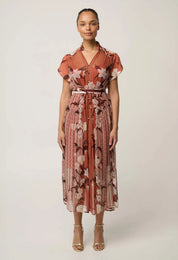 Oncewas Perla Sheer Viscose Print Dress in Amber Vine