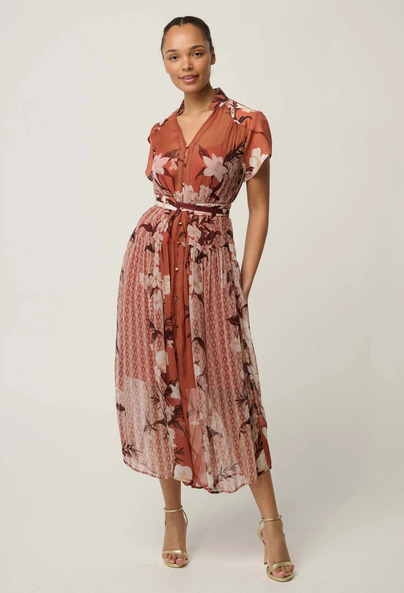 Oncewas Perla Sheer Viscose Print Dress in Amber Vine