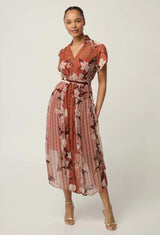 Oncewas Perla Sheer Viscose Print Dress in Amber Vine