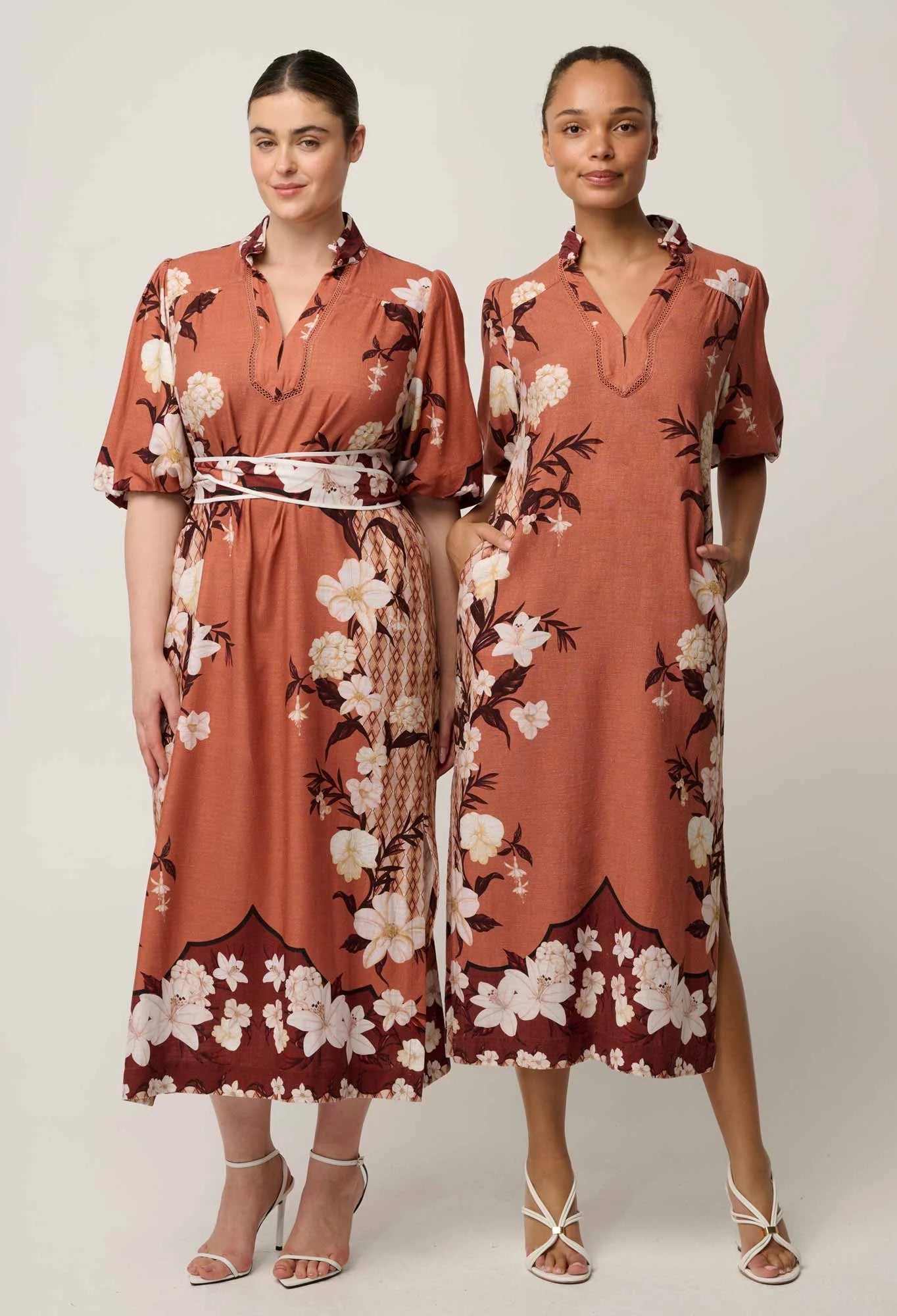 Oncewas Gisela Linen Viscose Printed Column Midi Dress in Amber Vine