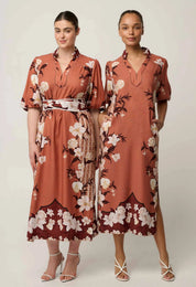 Oncewas Gisela Linen Viscose Printed Column Midi Dress in Amber Vine