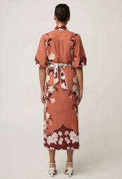 Oncewas Gisela Linen Viscose Printed Column Midi Dress in Amber Vine