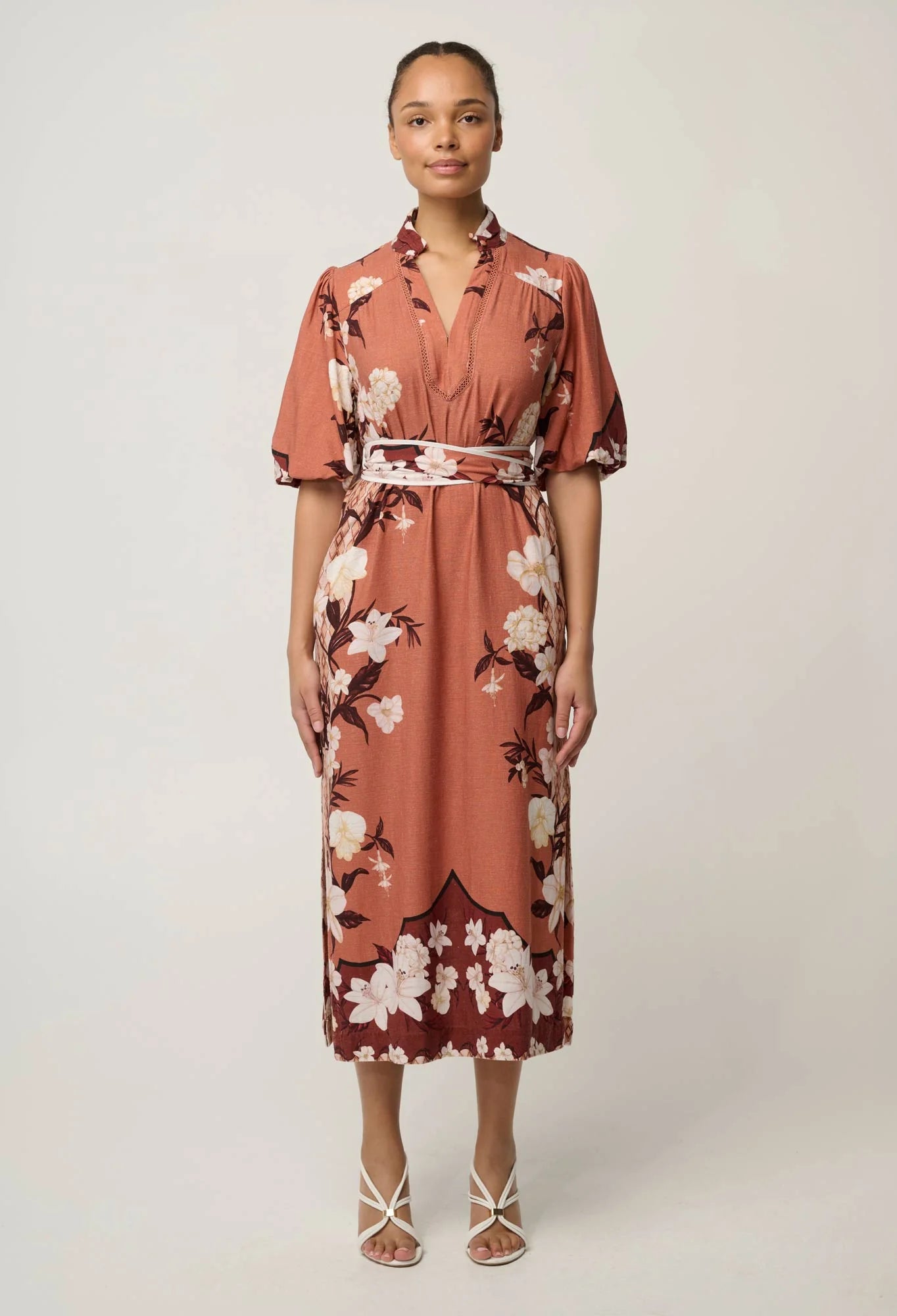 Oncewas Gisela Linen Viscose Printed Column Midi Dress in Amber Vine