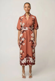 Oncewas Gisela Linen Viscose Printed Column Midi Dress in Amber Vine
