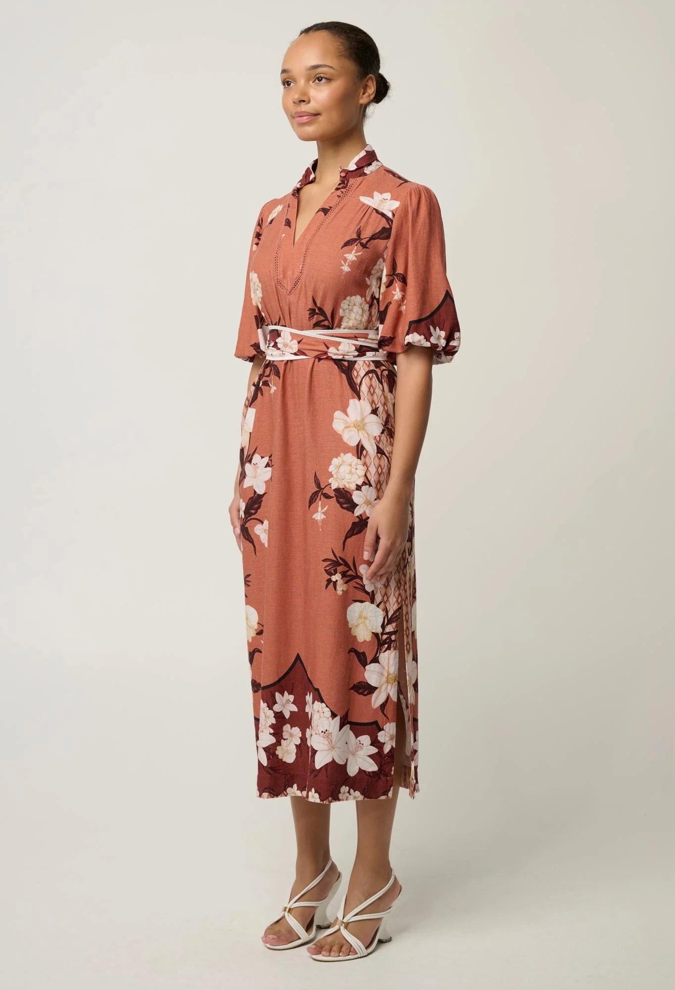 Oncewas Gisela Linen Viscose Printed Column Midi Dress in Amber Vine