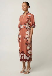 Oncewas Gisela Linen Viscose Printed Column Midi Dress in Amber Vine