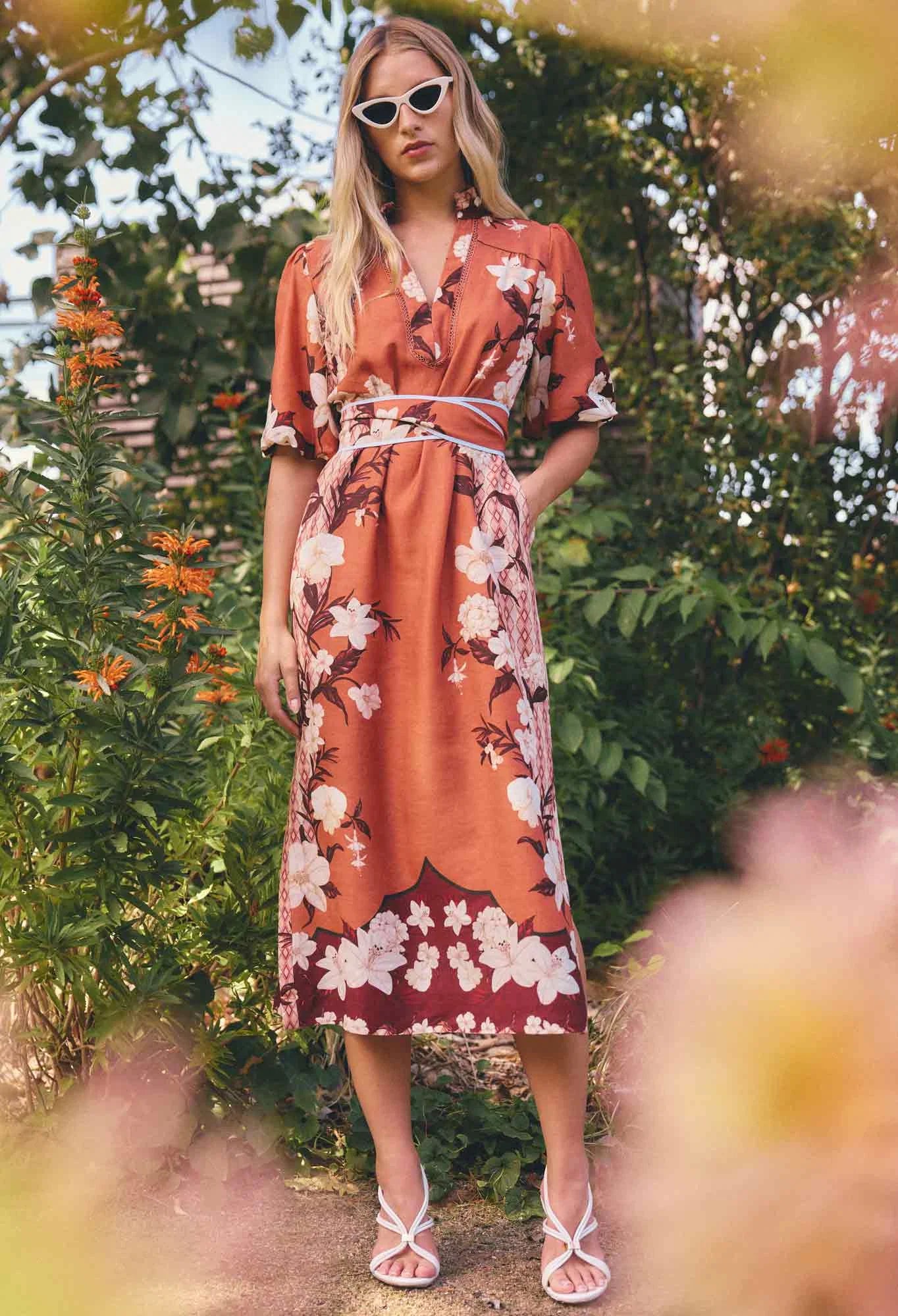 Oncewas Gisela Linen Viscose Printed Column Midi Dress in Amber Vine