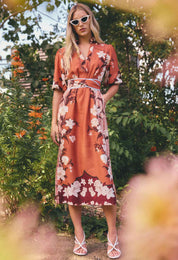 Oncewas Gisela Linen Viscose Printed Column Midi Dress in Amber Vine