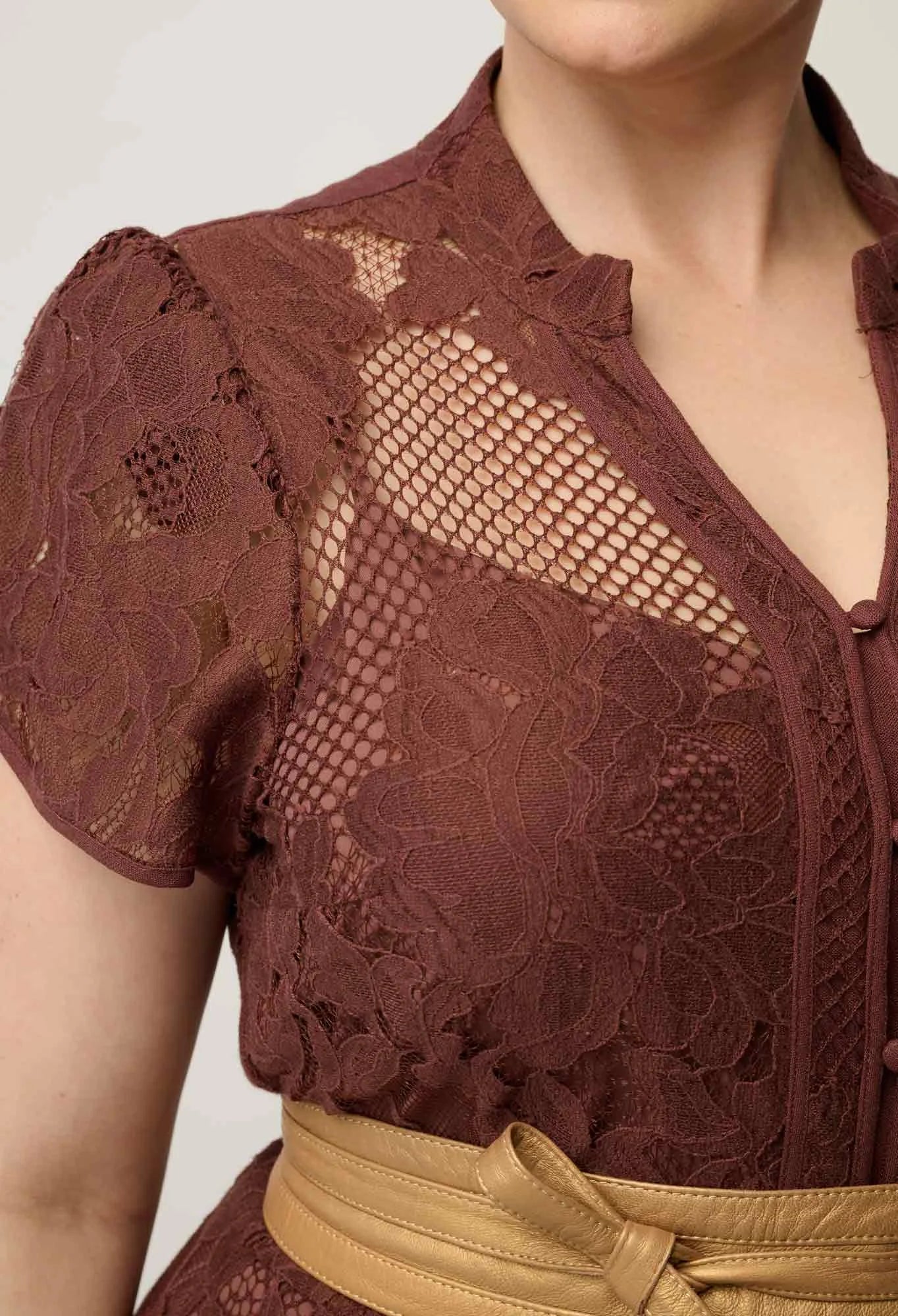 Oncewas Solene Cotton Blend Lace Dress in Rosewood