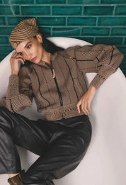 Oncewas Jeanne Wool Blend Textured Knit Bomber Jacket in Tan Chevron