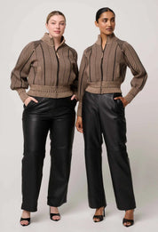 Oncewas Jeanne Wool Blend Textured Knit Bomber Jacket in Tan Chevron