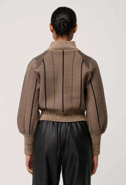 Oncewas Jeanne Wool Blend Textured Knit Bomber Jacket in Tan Chevron