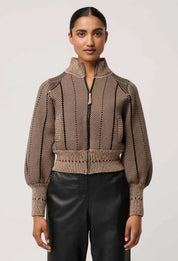 Oncewas Jeanne Wool Blend Textured Knit Bomber Jacket in Tan Chevron