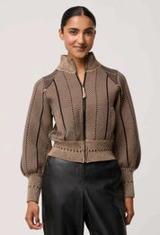 Oncewas Jeanne Wool Blend Textured Knit Bomber Jacket in Tan Chevron
