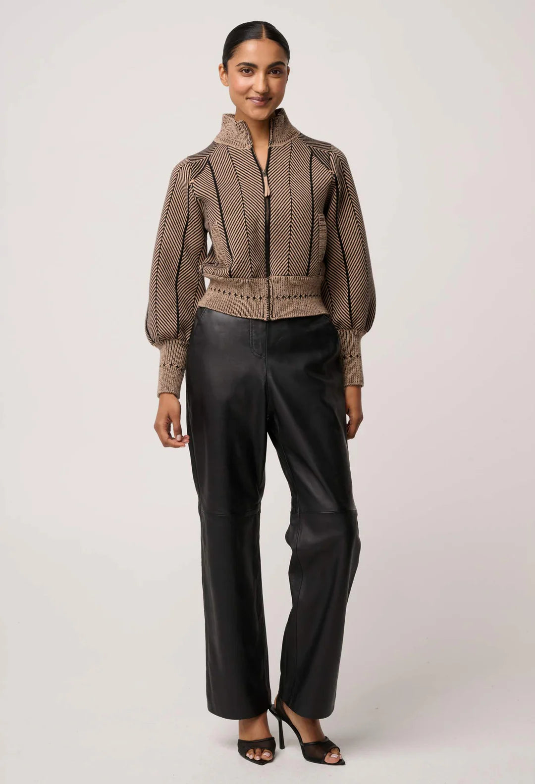 Oncewas Jeanne Wool Blend Textured Knit Bomber Jacket in Tan Chevron