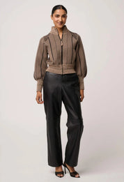 Oncewas Jeanne Wool Blend Textured Knit Bomber Jacket in Tan Chevron