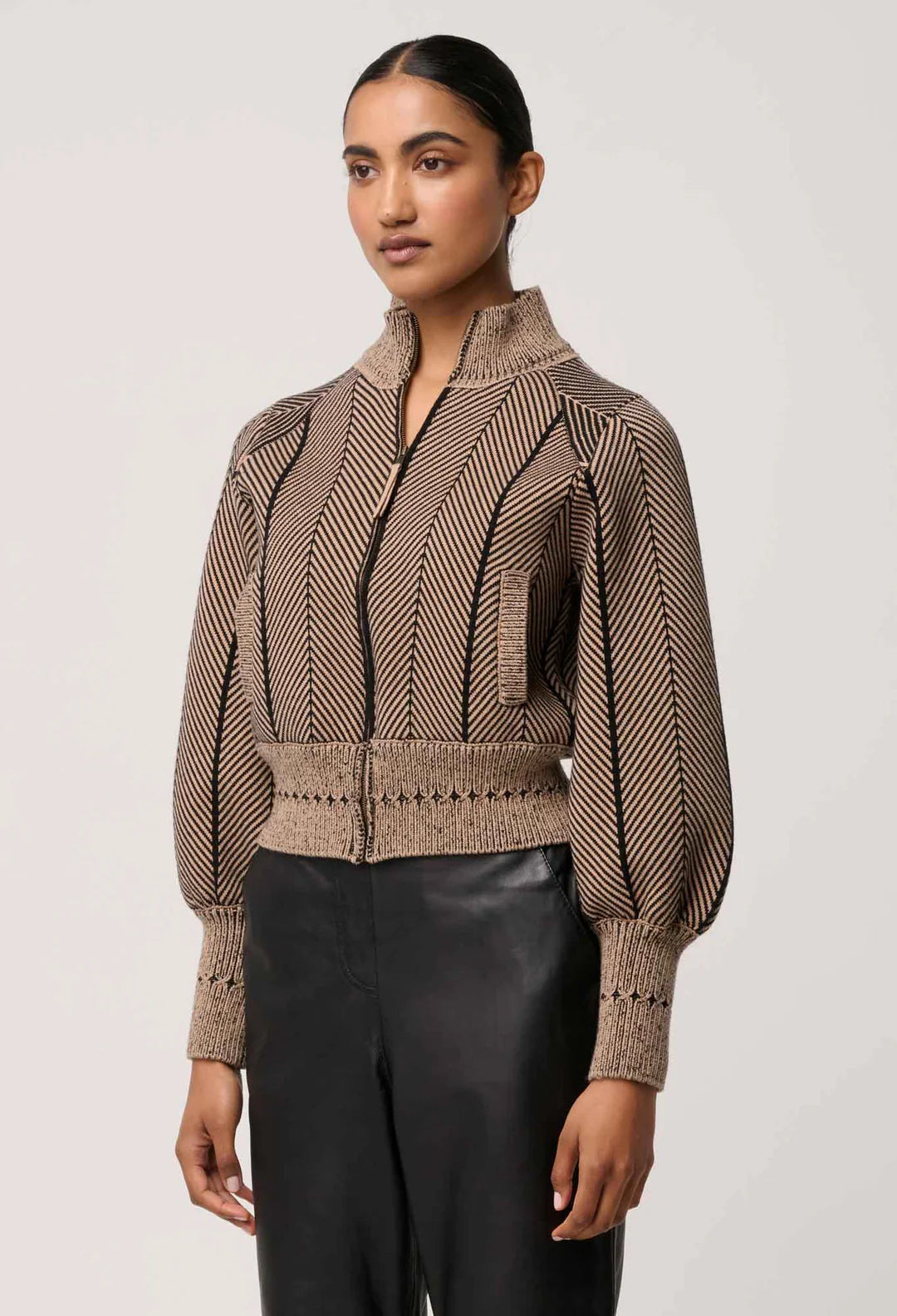Oncewas Jeanne Wool Blend Textured Knit Bomber Jacket in Tan Chevron