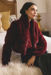 Oncewas Dawn Faux Fur Cropped Jacket in Bordeaux