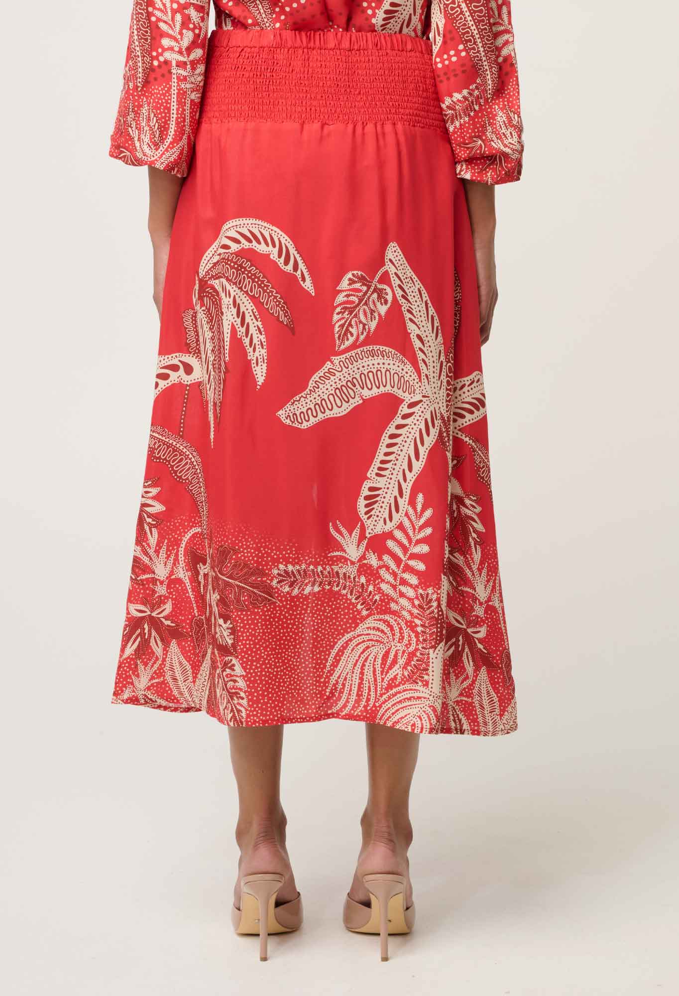Oncewas Harper Viscose Faille Print Criss Cross Waist Panel Skirt in Crimson Palms