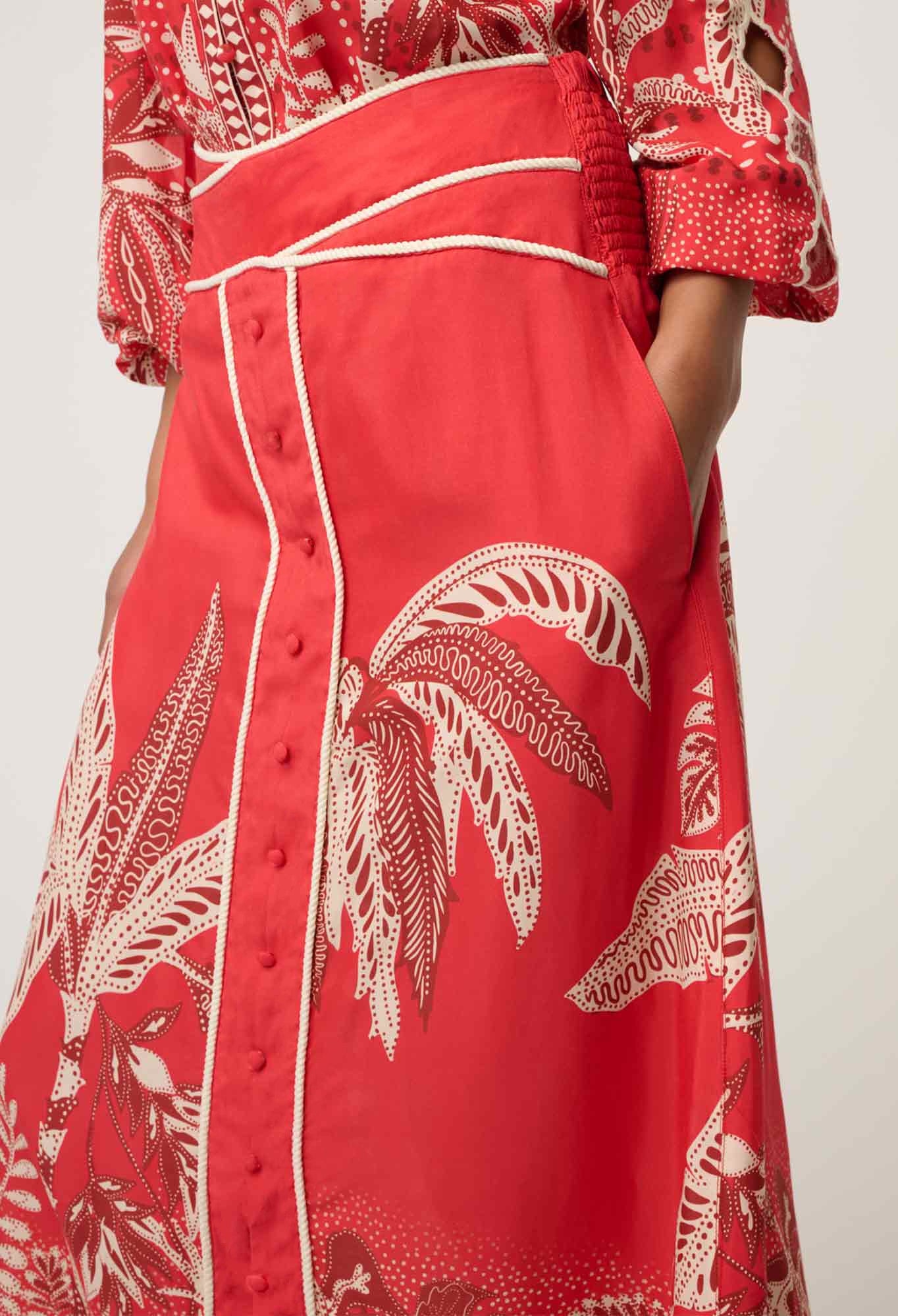 Oncewas Harper Viscose Faille Print Criss Cross Waist Panel Skirt in Crimson Palms