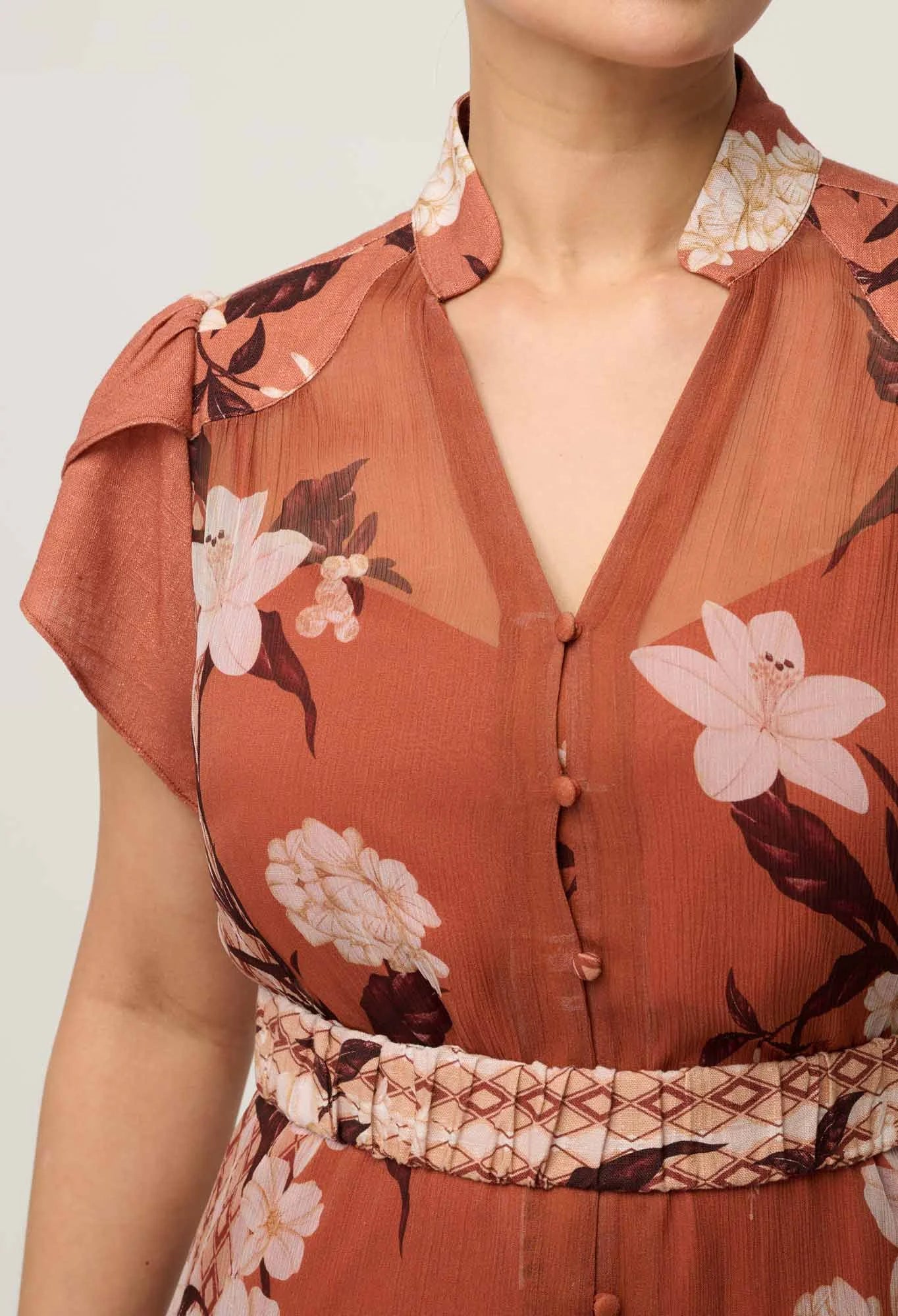Oncewas Perla Sheer Viscose Print Dress in Amber Vine