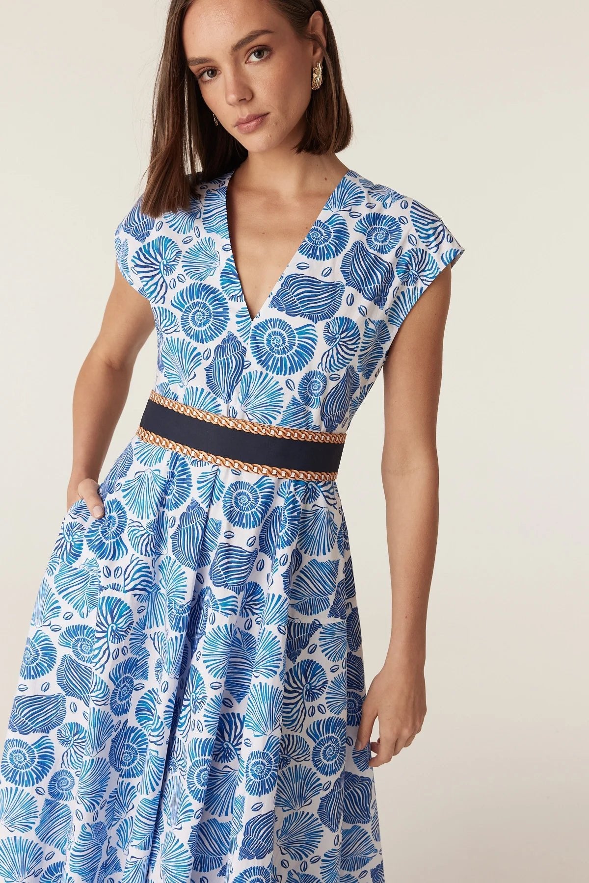 Shop Cable Melbourne Monique Midi Dress - Blue Shell Print - Cable Melbourne