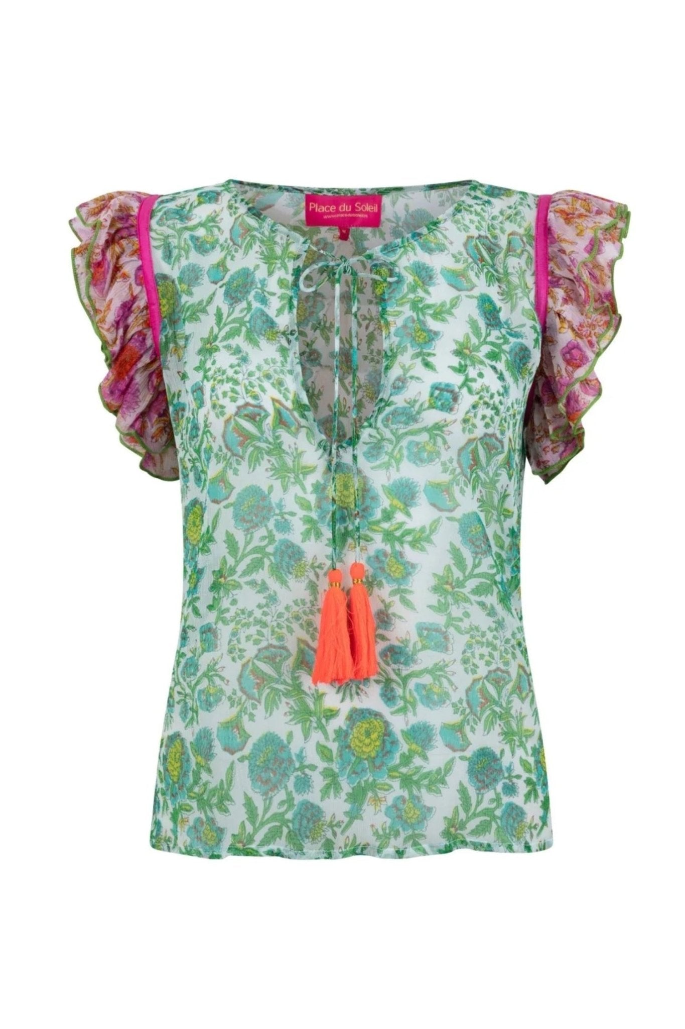 Shop Cap Sleeve Blouse | Pink/Green - Place du Soleil