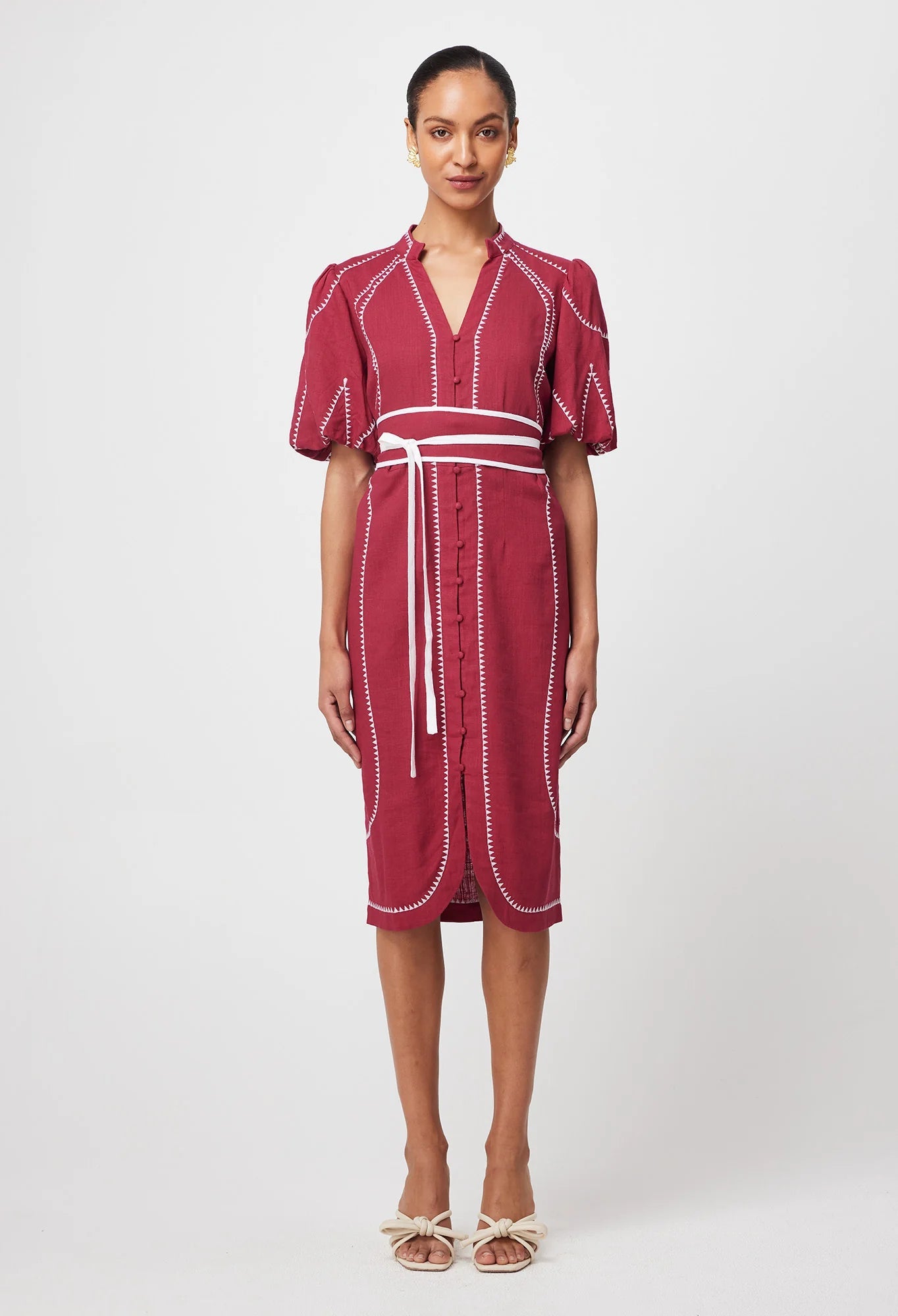 Shop Carlyle Embroidered Linen Viscose Dress | Crimson - ONCEWAS