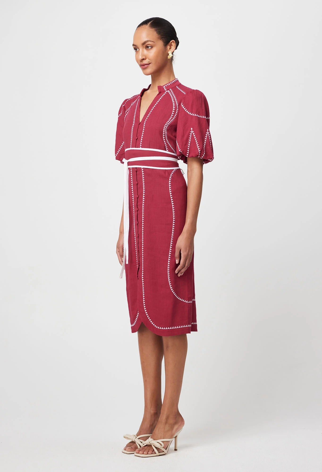 Shop Carlyle Embroidered Linen Viscose Dress | Crimson - ONCEWAS