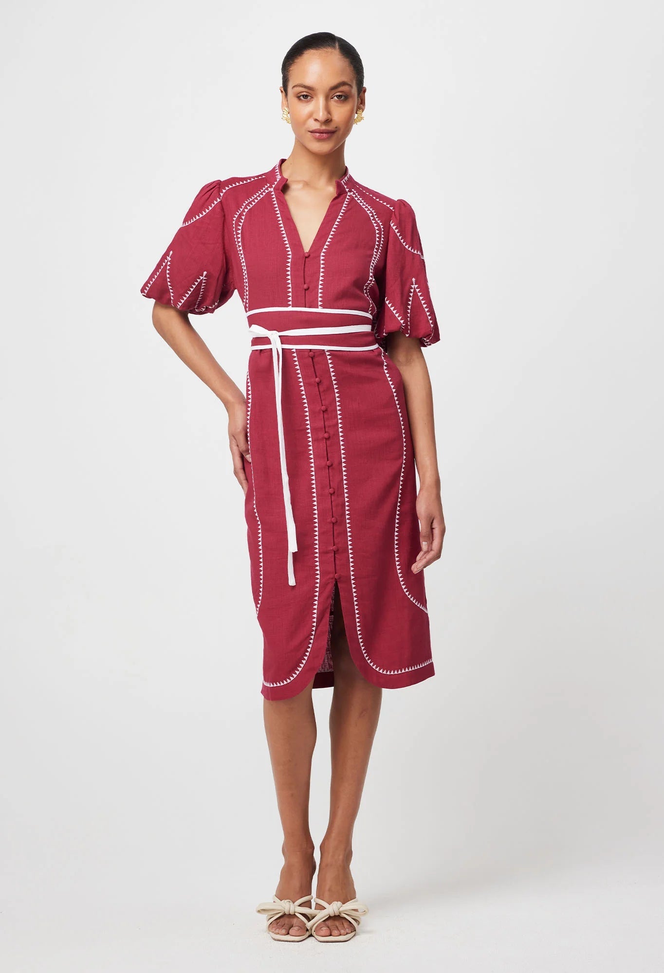 Shop Carlyle Embroidered Linen Viscose Dress | Crimson - ONCEWAS