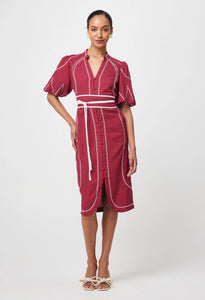 Shop Carlyle Embroidered Linen Viscose Dress | Crimson - ONCEWAS