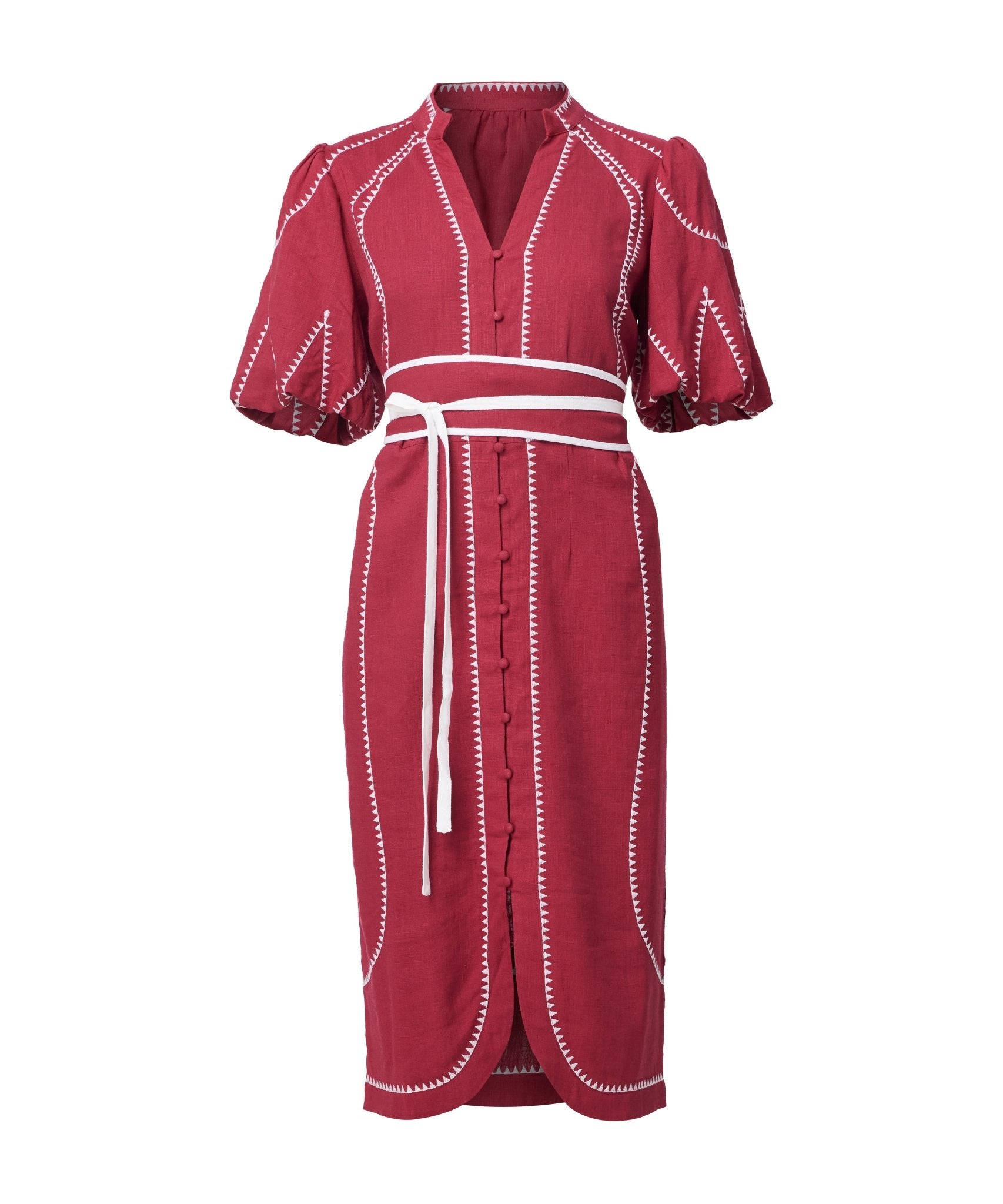 Shop Carlyle Embroidered Linen Viscose Dress | Crimson - ONCEWAS