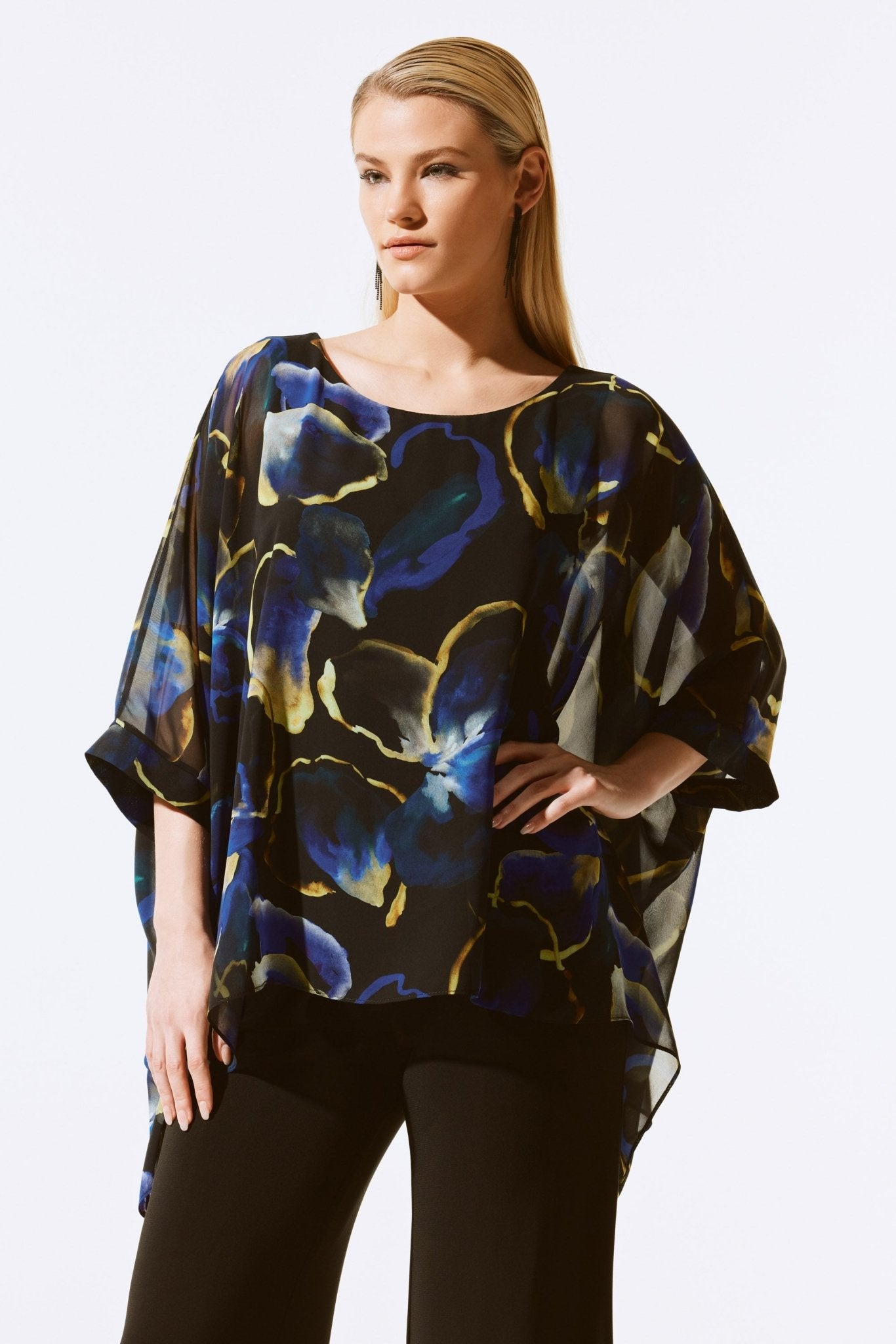 Shop Chiffon Floral Print Poncho Top Style 243787 | Black Multi - Joseph Ribkoff