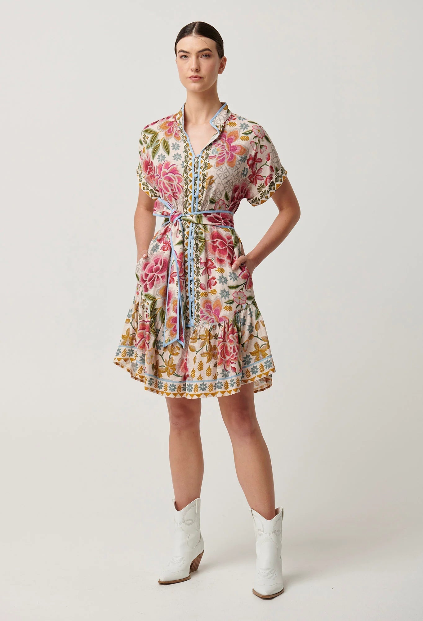 Shop Clementine Linen Viscose Shirt Dress in Azalea Fields - OnceWas