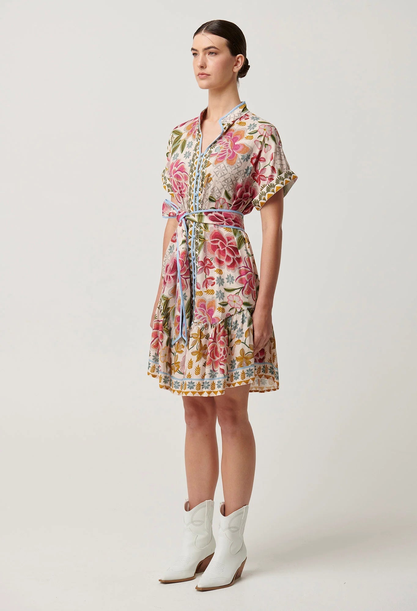 Shop Clementine Linen Viscose Shirt Dress in Azalea Fields - OnceWas