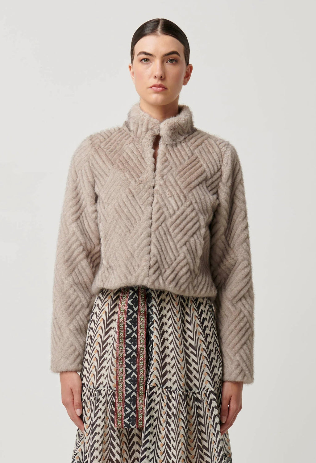 Shop Clover Faux Fur Cropped Jacket in Oat - OnceWas