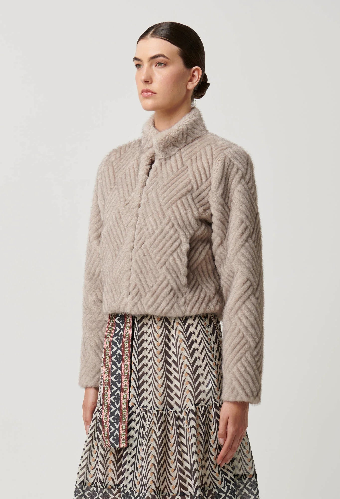 Shop Clover Faux Fur Cropped Jacket in Oat - OnceWas