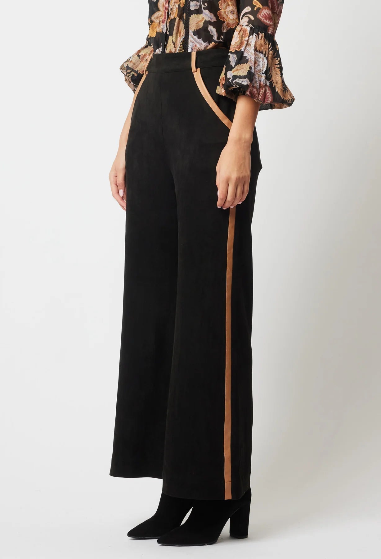 Shop Danxia Faux Suede Contrast Trim Wide Leg Pant | Black - ONCEWAS