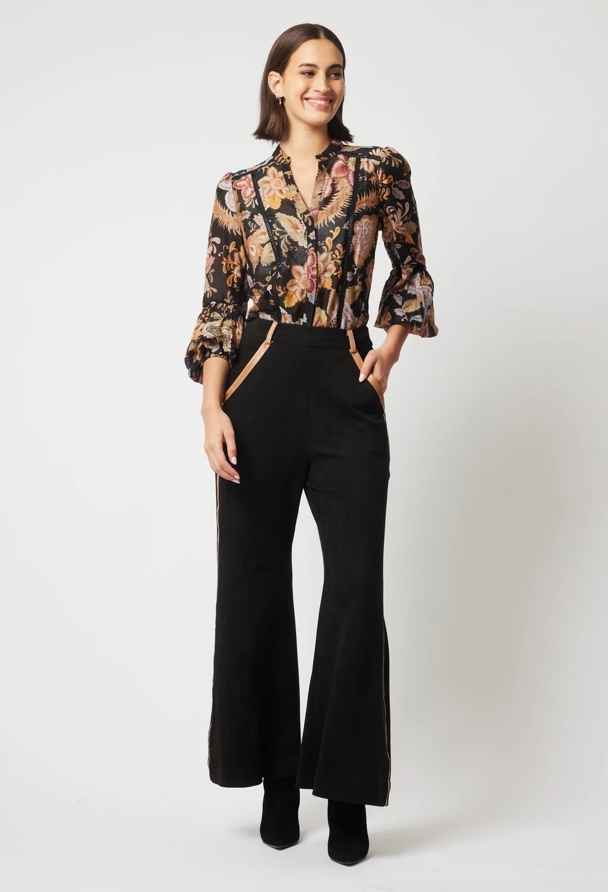 Shop Danxia Faux Suede Contrast Trim Wide Leg Pant | Black - ONCEWAS