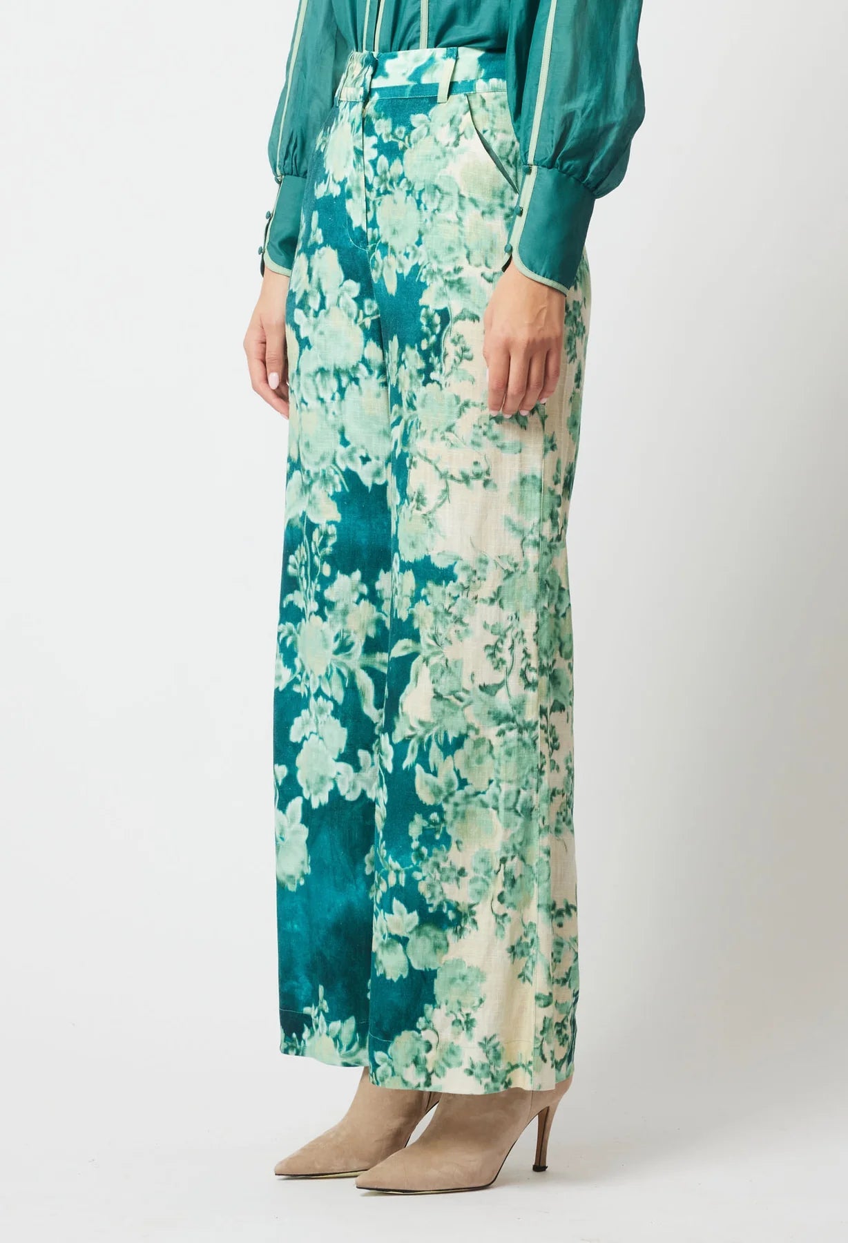 Shop Dynasty Linen Viscose Wide Leg Pant │ Jade Floral - ONCEWAS