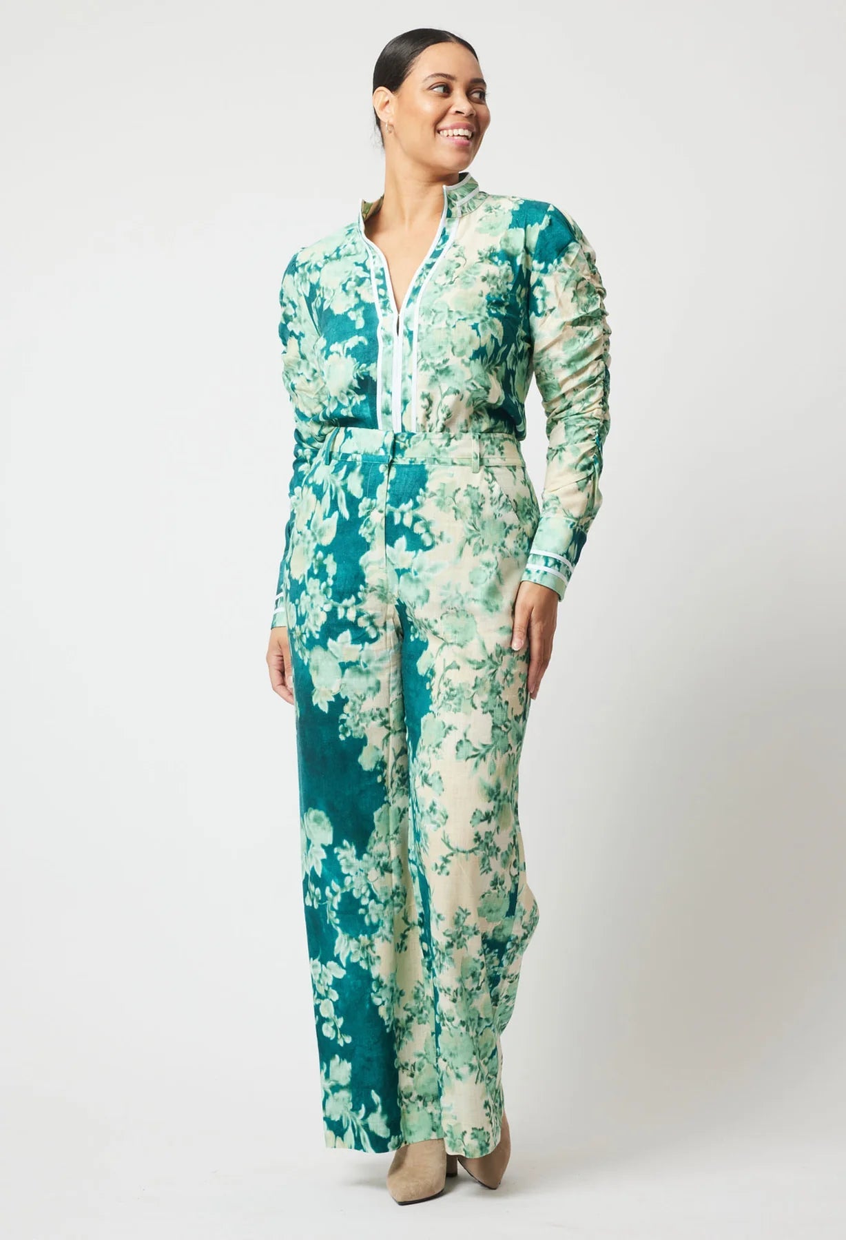 Shop Dynasty Linen Viscose Wide Leg Pant │ Jade Floral - ONCEWAS